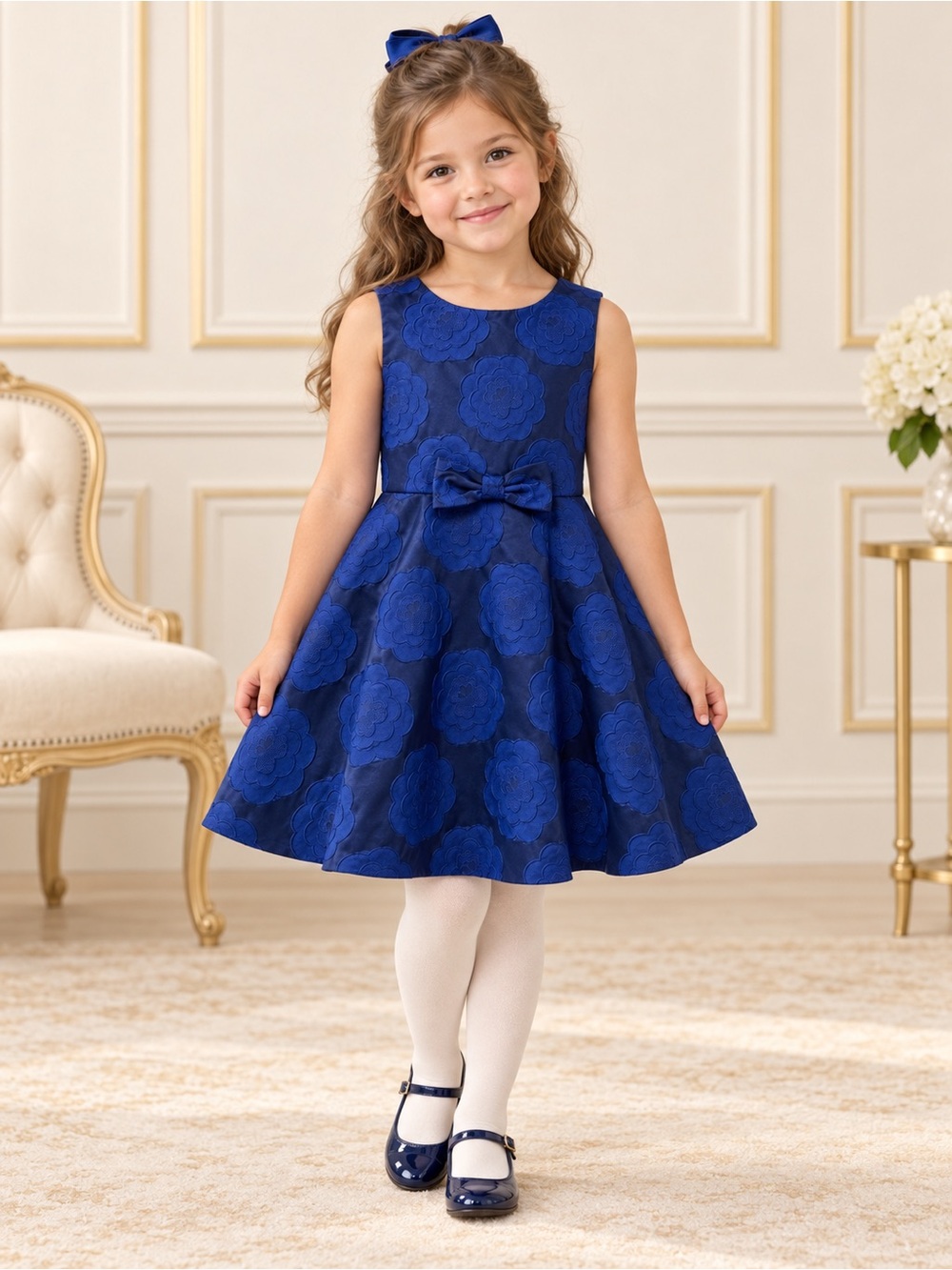 Janie and Jack Navy Blue Floral Jacquard Fit-and-Flare Dress with Bow